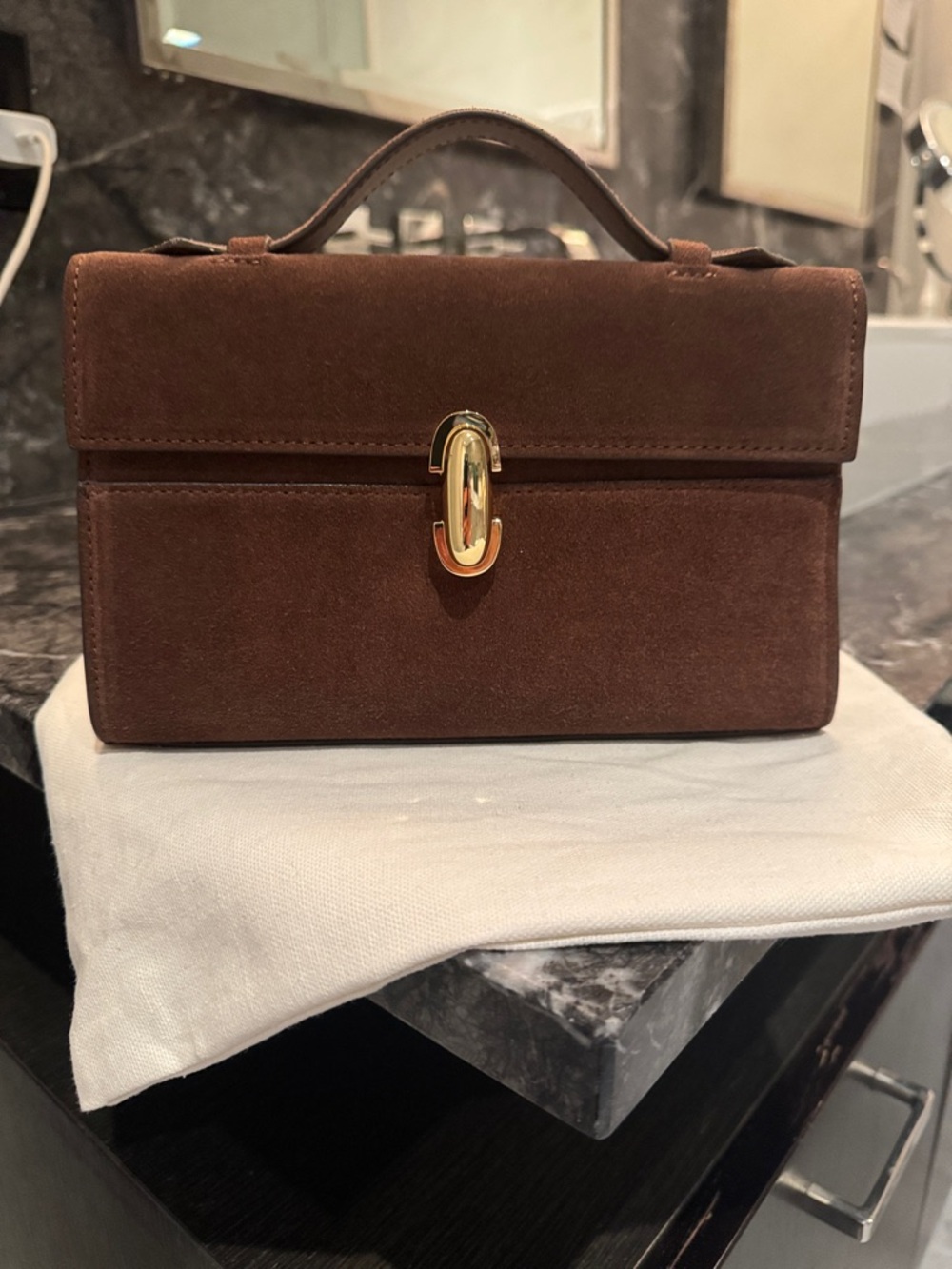Structured Brown Suede Top-Handle Women's pouchette bag/clutch